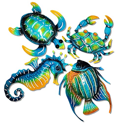 Meduofon Set of 4 Metal Outdoor Wall Art Decor, Blue Turtle Fish Crab and Seahorse Suitable for Beach Ocean Pool Decor, Metal Yard Fence Garden Children Room Bathroom Livingroom Wall Decoration - Image 1