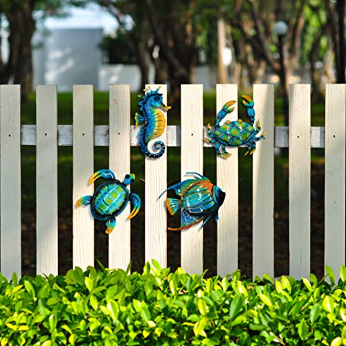 Meduofon Set of 4 Metal Outdoor Wall Art Decor, Blue Turtle Fish Crab and Seahorse Suitable for Beach Ocean Pool Decor, Metal Yard Fence Garden Children Room Bathroom Livingroom Wall Decoration - Image 5
