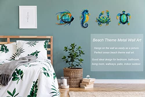 Meduofon Set of 4 Metal Outdoor Wall Art Decor, Blue Turtle Fish Crab and Seahorse Suitable for Beach Ocean Pool Decor, Metal Yard Fence Garden Children Room Bathroom Livingroom Wall Decoration - Image 4