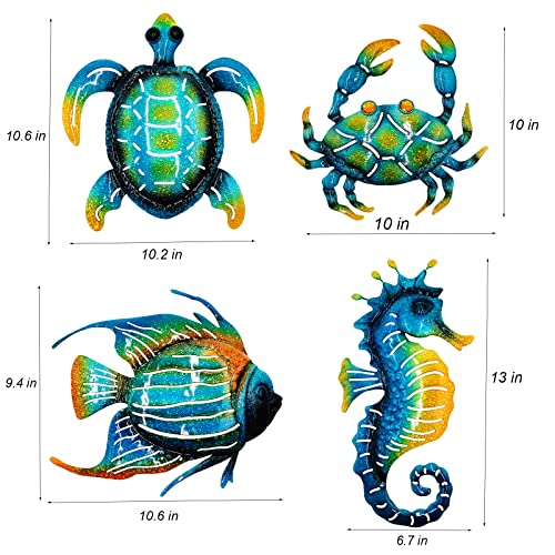 Meduofon Set of 4 Metal Outdoor Wall Art Decor, Blue Turtle Fish Crab and Seahorse Suitable for Beach Ocean Pool Decor, Metal Yard Fence Garden Children Room Bathroom Livingroom Wall Decoration - Image 2