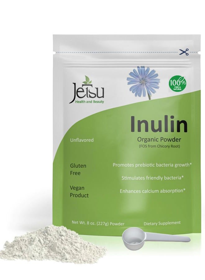 Jetsu مسحوق الإينولين من جذور الهندباء العضوية (FOS) - ألياف الإينولين القابلة للذوبان لدعم الأمعاء، تعزز امتصاص الكالسيوم، تحفز البكتيريا المفيدة، تعزز نمو البريبايوتيك، 8 أونصات - Image 1