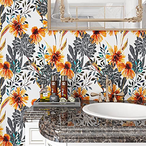ReWallpaper Vintage Floral Wallpaper Stick and Peel Yellow Sunflower Wallpaper Floral Contact Paper for Walls Cabinets Shelves Desk Peel & Stick Wall Mural Bedroom Bathroom Kitchen 17.5in x 10ft - Image 2