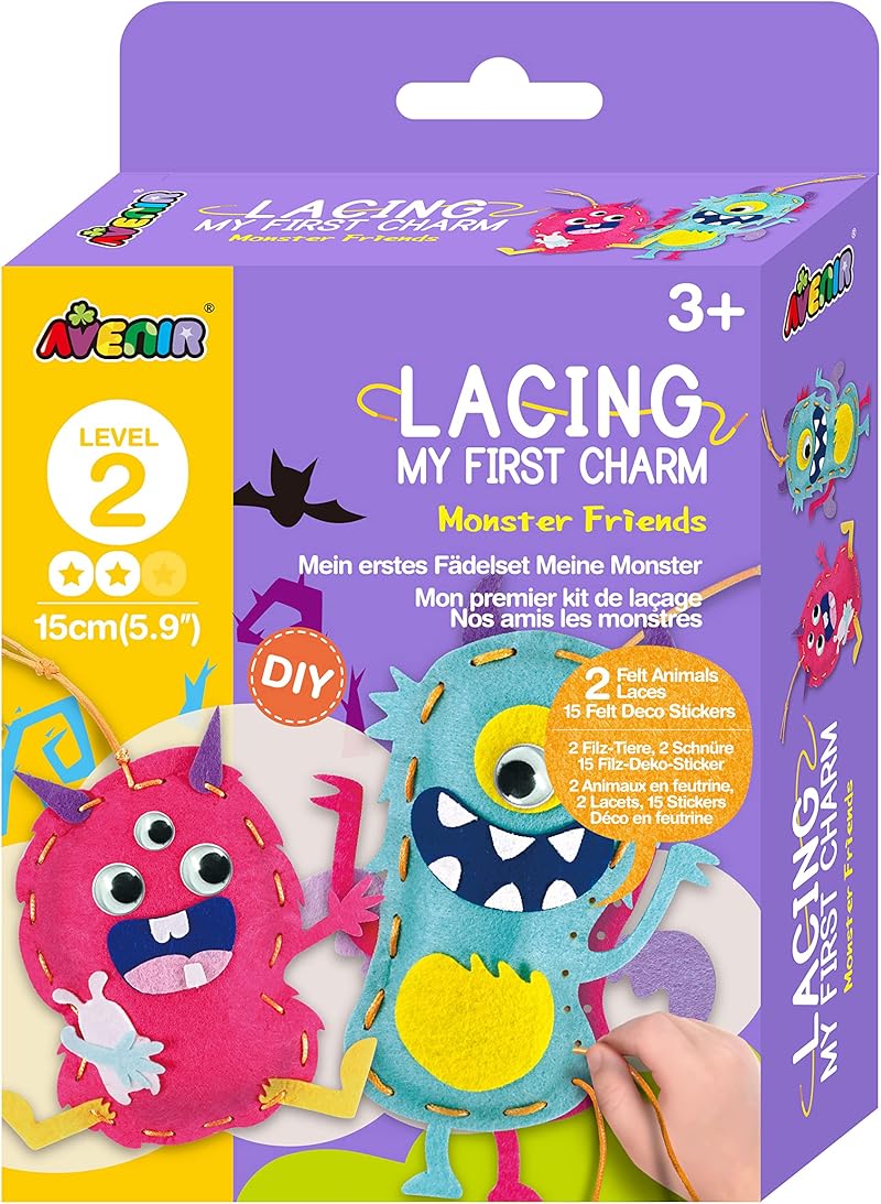 Avenir | My First Lacing | Charm Monster Friends | First Sewing for Ages 3+ | Develop Sewing and Stitching Skills, Multi Colors