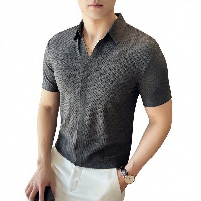 Summer Slim Fit Ice Silk Seamless High Elastic V-Neck Thin Waffle Short Sleeve Polo Shirt - Image 1
