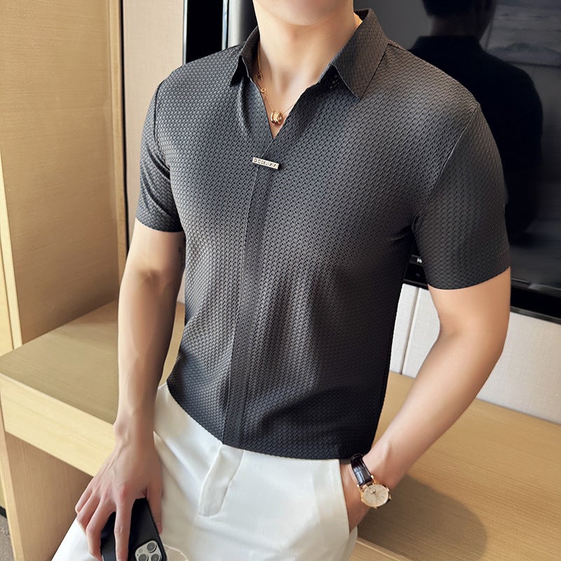 Summer Slim Fit Ice Silk Seamless High Elastic V-Neck Thin Waffle Short Sleeve Polo Shirt - Image 2