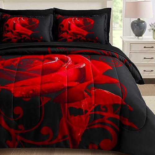 WONGS BEDDING Red Comforter Set King, Reversible Red Rose 7 Pieces Bed in a Bag, Lightweight Soft Microfiber Bedding Sets with Comforter, Flat Sheet, Fitted Sheet, Pillowcases & Shams - Image 1