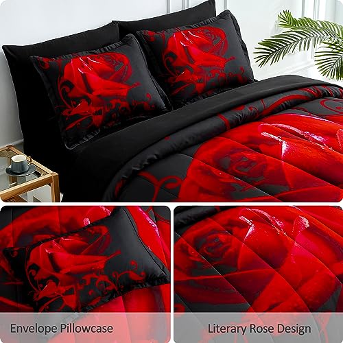 WONGS BEDDING Red Comforter Set King, Reversible Red Rose 7 Pieces Bed in a Bag, Lightweight Soft Microfiber Bedding Sets with Comforter, Flat Sheet, Fitted Sheet, Pillowcases & Shams - Image 5