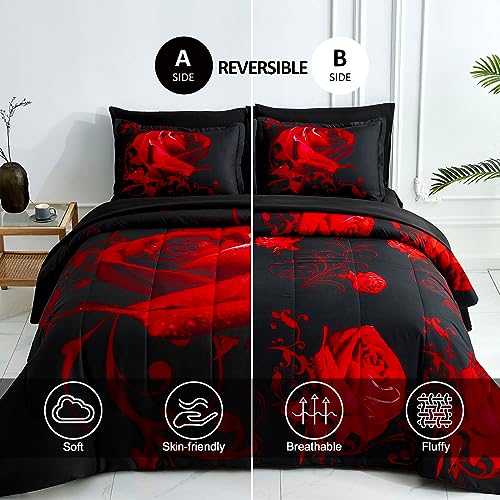 WONGS BEDDING Red Comforter Set King, Reversible Red Rose 7 Pieces Bed in a Bag, Lightweight Soft Microfiber Bedding Sets with Comforter, Flat Sheet, Fitted Sheet, Pillowcases & Shams - Image 2