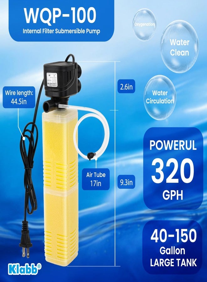 Klabb Aquarium Filter 40-100 Gal Tanks Submersible Internal Fish Tank Filters Large Tank Pond Clear for 320 GPH 4 in 1 Biochemical Filtration 1.2 m Lift Wavemaker and Air Supply 110V 60Hz - Image 2