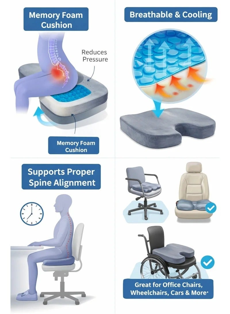 Gel-Enhanced Non-slip Coccyx Memory Foam Seat Cushion - For Back Pain Relief, Tailbone Support, Sciatica, Healthy Posture, Office Chair, Car Seat, Travel, Driving, Wheelchair and more - Image 2