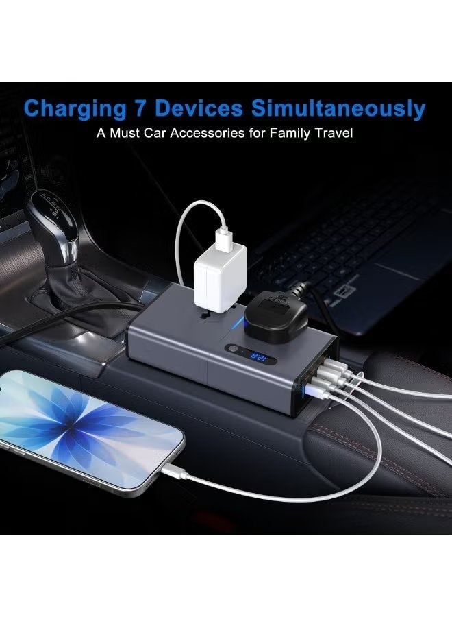 JAJEEK 200W Car Power Inverter | DC 12V to 220V Converter | Dual AC Outlet + 2 USB + 2 Type-C Fast Charging Ports | LED Display | Portable Car Charger for Cars & SUVs (Silver Grey) - Image 2