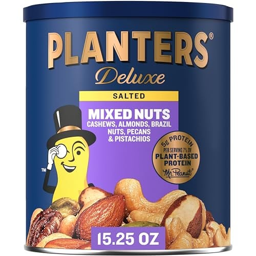 PLANTERS Deluxe Mixed Nuts - Roasted Cashews, Almonds, Brazil Nuts, Pistachios, and Pecans, Plant-Based Protein, Quick Snack, 15.25oz Canister - Image 1