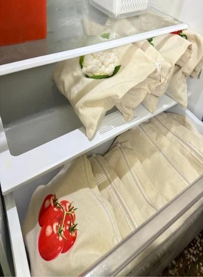 SWOPPERRY 4 Pcs Vegetable Printed Cotton Fridge Storage Bags | 12x12 Inch | Reusable Washable Eco-Friendly Kitchen Organizer Bags - Image 4