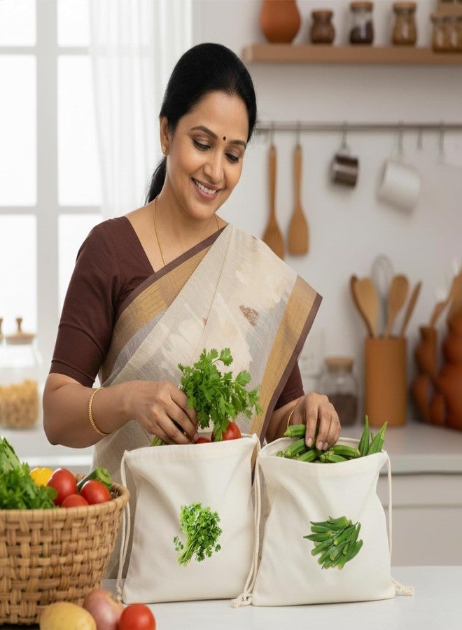 SWOPPERRY 4 Pcs Vegetable Printed Cotton Fridge Storage Bags | 12x12 Inch | Reusable Washable Eco-Friendly Kitchen Organizer Bags - Image 5