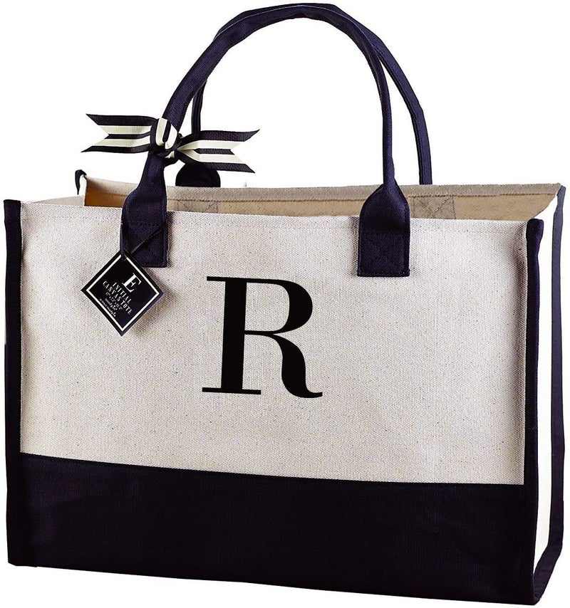 Mud Pie Classic Black and White Initial Canvas Tote Bags (R), 100% Cotton, 17" x 19" x 2" - Image 1