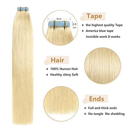YILITE Tape in Human Hair Extensions Silky Straight Remy Tape Hair Extensions Bleach Blonde (#613), 40g/pack, 16 Inch (Pack of 20) - Image 3