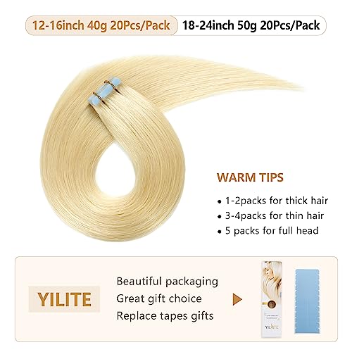 YILITE Tape in Human Hair Extensions Silky Straight Remy Tape Hair Extensions Bleach Blonde (#613), 40g/pack, 16 Inch (Pack of 20) - Image 4