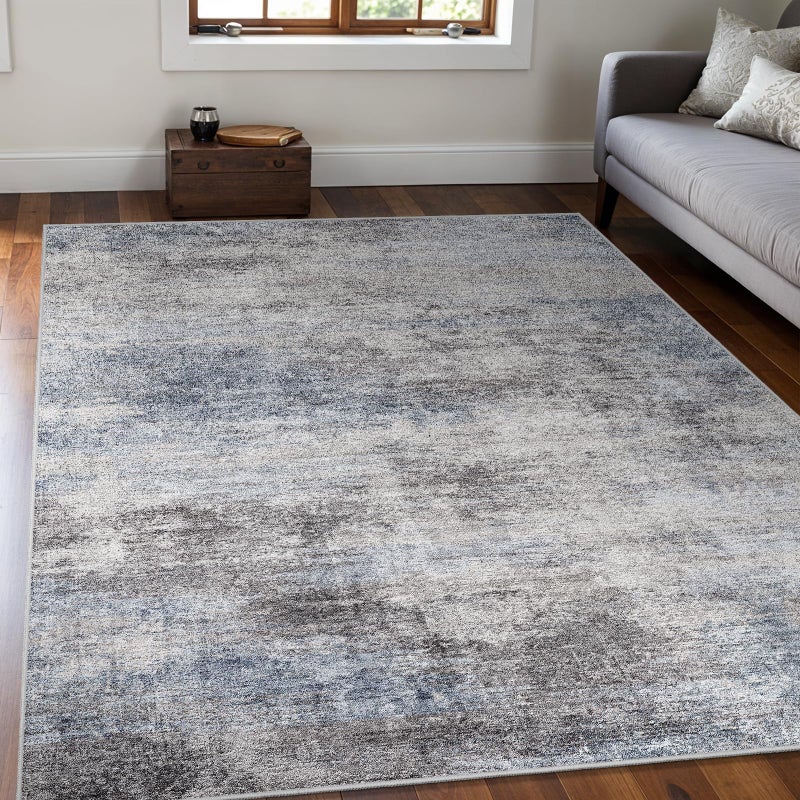 EISUROM Washable Abstract 5x7 Area Rug: Low Pile and Non-Slip Rubber Backing Modern Large Soft Stain-Resistant Carpet for Living Room Bedroom Dining Room Kitchen and Home Office Blue Grey - Image 1