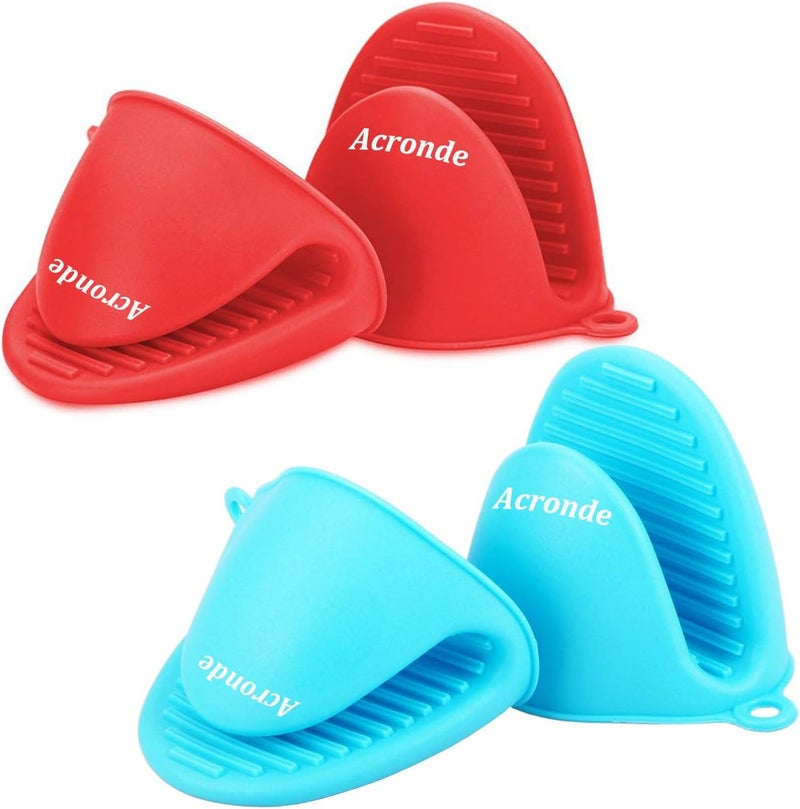 Acronde 2 Pairs Mini Oven Gloves Silicone Heat Resistant Cooking Pinch Mitts Potholder for Kitchen Cooking & Baking (Red and Blue) - Image 1