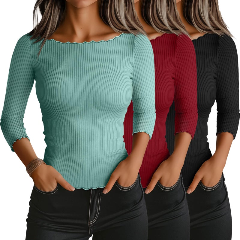 Riyiper 3 Pack Womens 34 Length Sleeve Tops Lettuce Trim Ribbed Boat Neck Shirts Half Slim Casual Basic Fitted TeesBlack Bean Green Wine RedMedium
