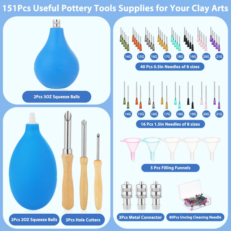 Jupwalz 151 Pcs Pottery Tools Supplies Ceramic Precision Applicator, 3 Ounce Slip Trailer Bottle and 8 Sizes Precision Needle Tip for Pottery Ceramic Glaze, Clay Tools and Supplies Set - Image 2