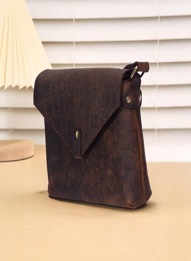 Celtic Vintage Croc-Textured Brown Leather Crossbody Sling Bag - Image 3