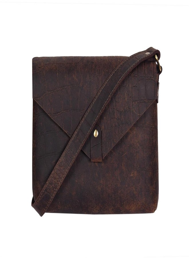 Celtic Vintage Croc-Textured Brown Leather Crossbody Sling Bag - Image 1