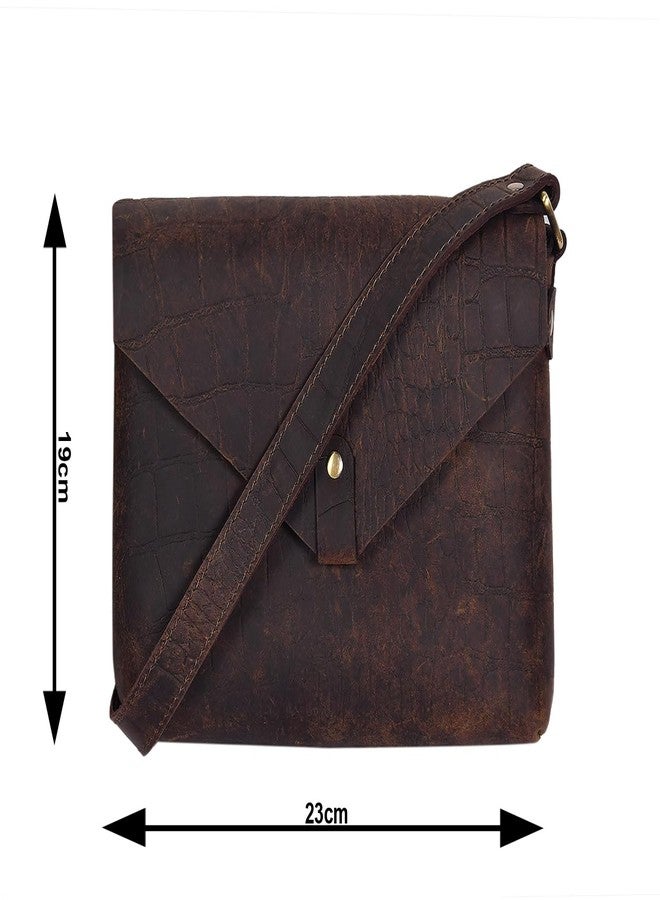 Celtic Vintage Croc-Textured Brown Leather Crossbody Sling Bag - Image 5