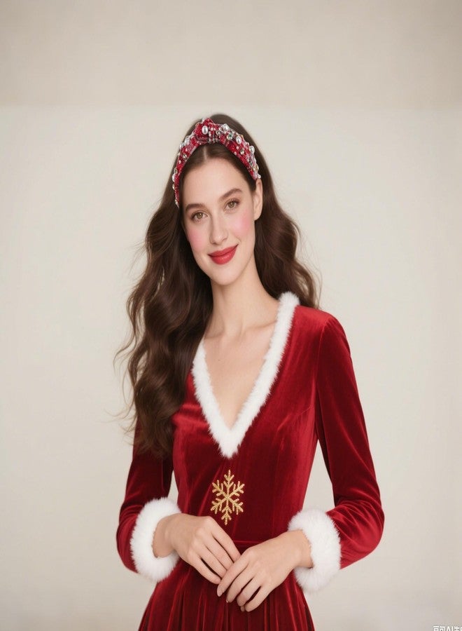 كوراسا طوق رأس كوراسا لعيد الميلاد للنساء والفتيات، مرصع بأحجار الراين واللؤلؤ، طوق رأس معقود، طوق رأس عريض على شكل عقدة علوية، زينة ندفة الثلج بنقشة مربعات، إكسسوار شعر أنيق، ملابس أنيقة، هدايا للحفلات والعطلات (أحمر) - Image 4