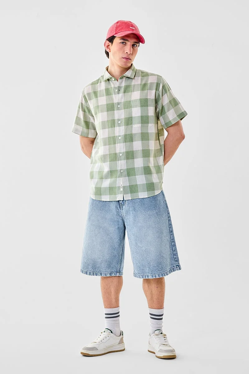SNITCH Green Checkered Half Sleeve Regular Fit Shirt