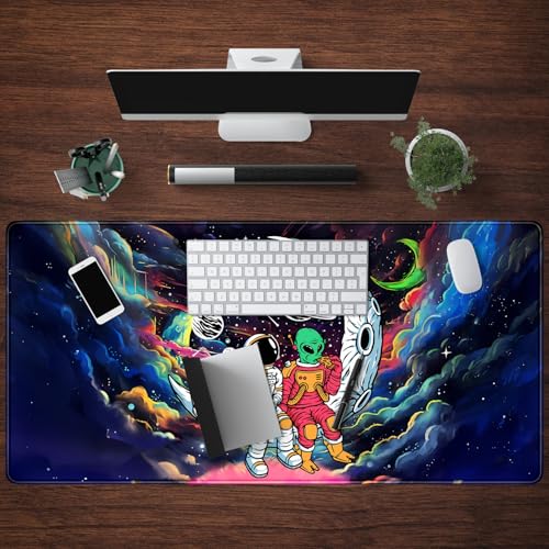 Mechanical Cattle Funny Space Mouse Pad Desk Mat Astronaut Alien Large Gaming Mouse Pads Anime Desk Pad Mousepad XXL Cool Trippy Universe Extended Keyboard Mat with Stitched Edges Anti-Slip, 31.5 X 15.8 in - Image 4