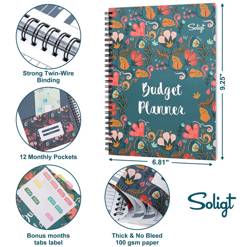 Soligt Budget Planner 2025, Monthly Budget Book Bill Organizer with 12 Pockets, Undated Home Financial Money Expense Saving Debt Tracker Notebook, 1 Year, Blue Floral, Spiral Design - Image 5