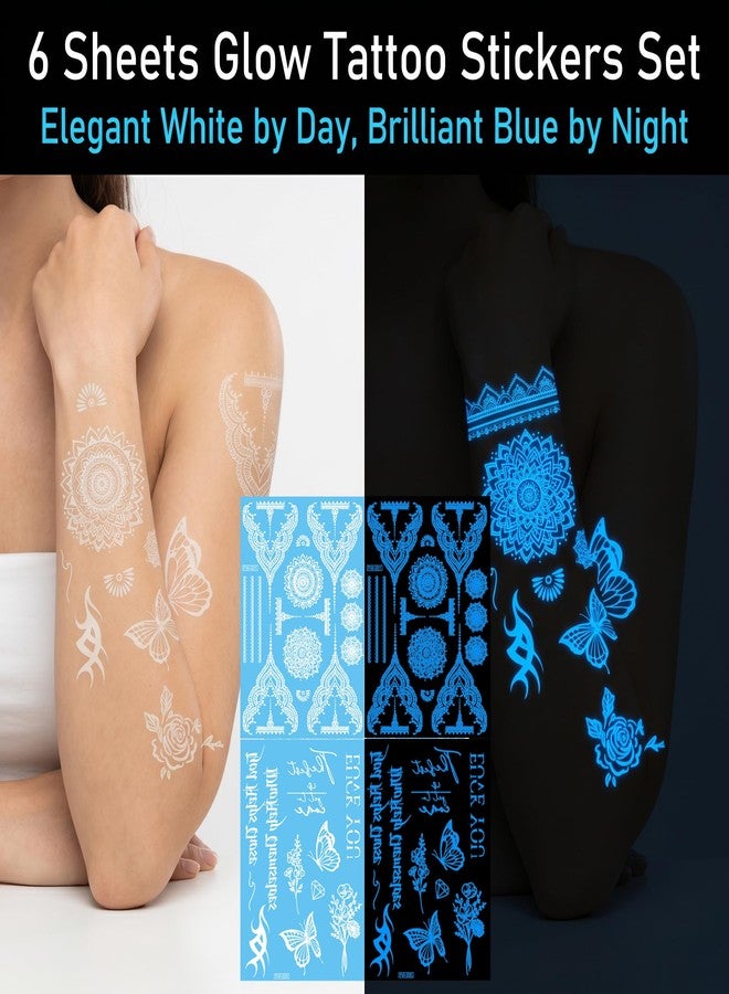 Kotbs 6 Sheets Glow in the Dark Temporary Tattoos for Women Men, White Lace Henna Mandala Butterfly Luminous Fake Tattoos, Waterproof UV Blue Neon Body Art for Festival Party - Image 2