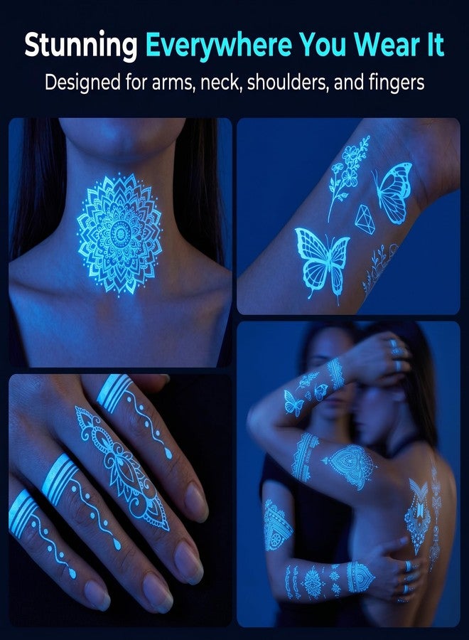 Kotbs 6 Sheets Glow in the Dark Temporary Tattoos for Women Men, White Lace Henna Mandala Butterfly Luminous Fake Tattoos, Waterproof UV Blue Neon Body Art for Festival Party - Image 3