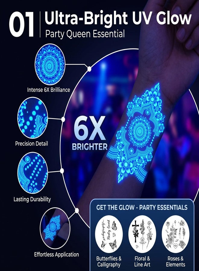Kotbs 6 Sheets Glow in the Dark Temporary Tattoos for Women Men, White Lace Henna Mandala Butterfly Luminous Fake Tattoos, Waterproof UV Blue Neon Body Art for Festival Party - Image 5