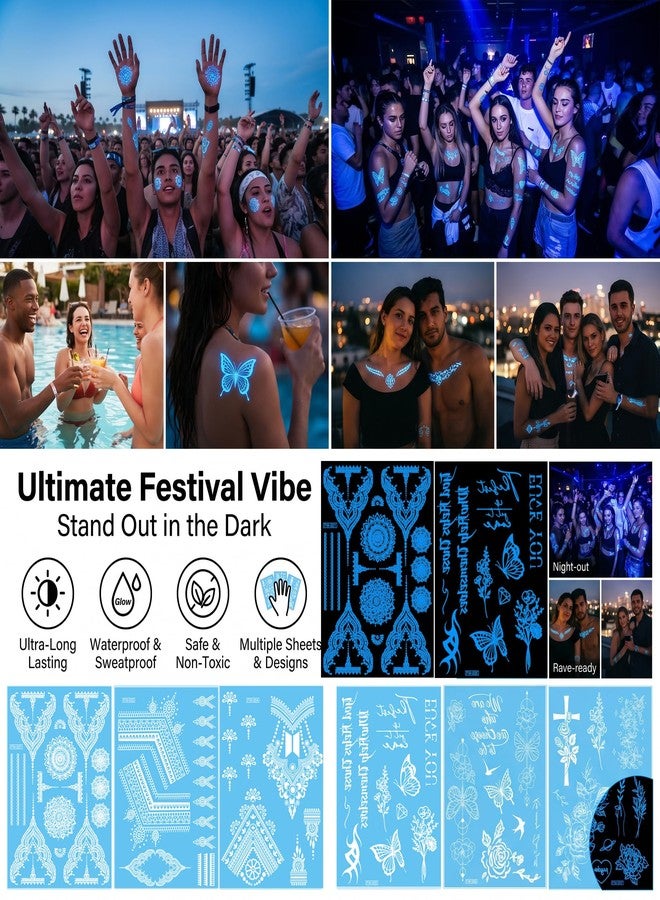Kotbs 6 Sheets Glow in the Dark Temporary Tattoos for Women Men, White Lace Henna Mandala Butterfly Luminous Fake Tattoos, Waterproof UV Blue Neon Body Art for Festival Party - Image 4