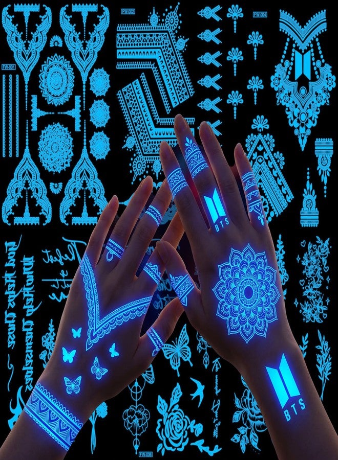 Kotbs 6 Sheets Glow in the Dark Temporary Tattoos for Women Men, White Lace Henna Mandala Butterfly Luminous Fake Tattoos, Waterproof UV Blue Neon Body Art for Festival Party - Image 1