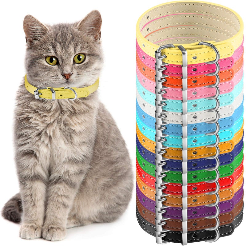 Weewooday 16 Pieces PU Puppy Cat Collar Leather Adjustable Kitten Big Cat Collar Small Pet Collars Colorful Safety Puppy Identification Collar for Small Dogs Cats, 16 Colors and 6-9 Inch - Image 1