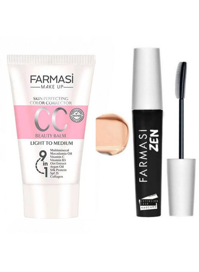 فارماسي كريم فارمسي ميك أب سي سي 9 في 1، 50 مل/1.7 أونصة سائلة (خفيف إلى متوسط) وماسكارا فارمسي زين لتمديد الرموش، 8 مل/0.27 أونصة سائلة.
