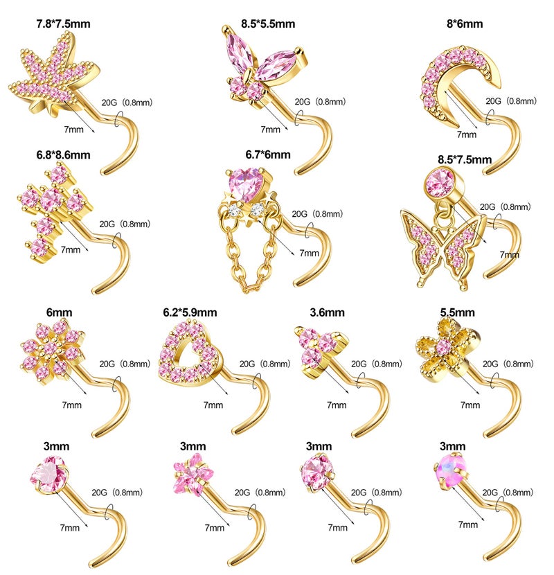 Drperfect Gold Nose Rings Nose Studs for Women Nose Piercings 20G Corkscrew Dangle Nose Rings Studs Simulated Diamond Pink CZ Opal Dangling Dangly Hanging Nose Piercing Jewelry with Heart Star Butterfly Flower Cross Moon Charm Cute Dainty Nose Jewelry - Image 5