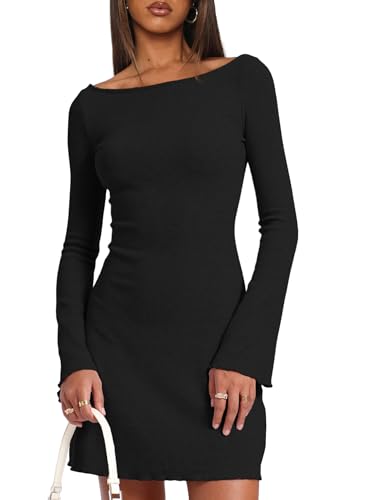 Darong Women's Fall Fashion Long Sleeve Mini Dress Ribbed Knit Boat Neck Bodycon Casual Dresses Going Out Outfits 9240 Black XS - Image 3