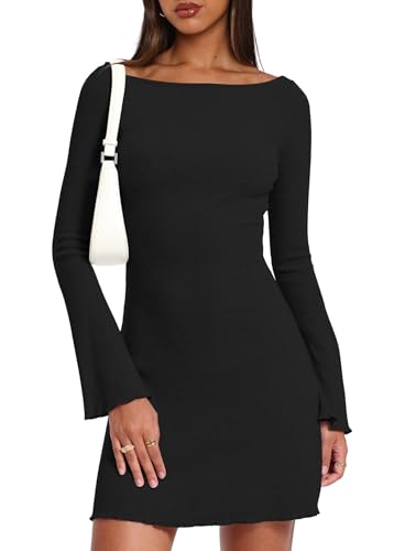 Darong Women's Fall Fashion Long Sleeve Mini Dress Ribbed Knit Boat Neck Bodycon Casual Dresses Going Out Outfits 9240 Black XS - Image 1