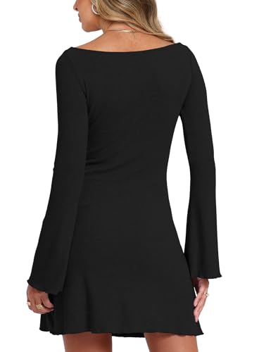 Darong Women's Fall Fashion Long Sleeve Mini Dress Ribbed Knit Boat Neck Bodycon Casual Dresses Going Out Outfits 9240 Black XS - Image 2