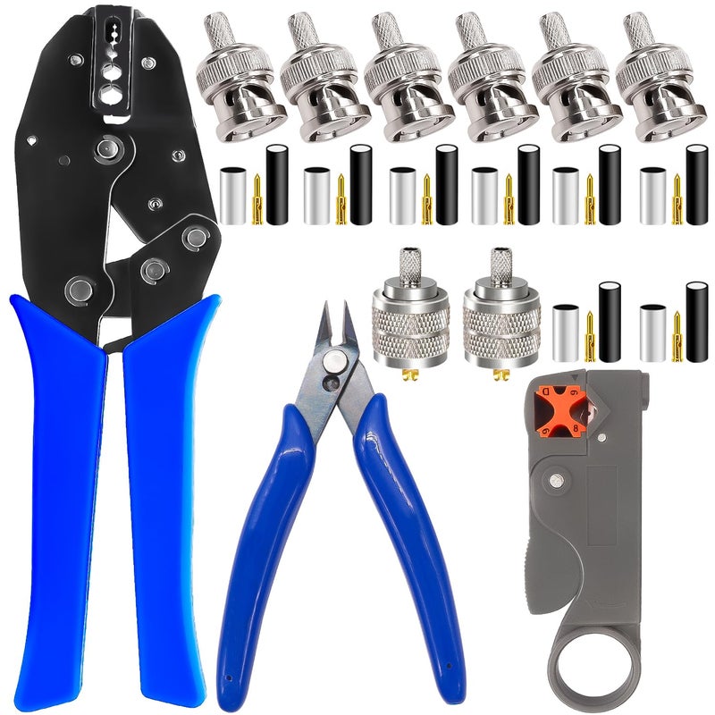 mxuteuk Coaxial Cable Tool KitBNC Crimp Tool with 8PCS BNCUHF Crimp Male Connectors 1PCS Coaxial Cable Stripper 1PCS Wire Cutter for RG58 RG59 RG62 RG174