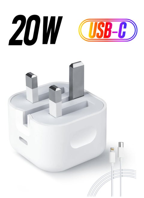 Fast Charger Plug, 20W USB C Fast Charger with 1M Cable for iPhone 14 13 12 Pro Max/Mini/Plus,Pad Pro,USBC PD Wall Charging Plug UK Type C Power Adapter and 6FT Cord