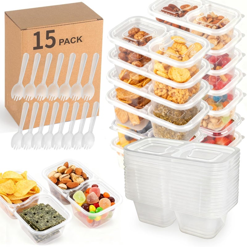 HIFFION 15 Pack Reusable Snack Containers with Lids, Double Compartment Condiment Snack Pack Containers, Reusable Snack Packs, 2 Compartment Snack Containers for Meal Prep, Take-out, Party & Travel-7oz - Image 1