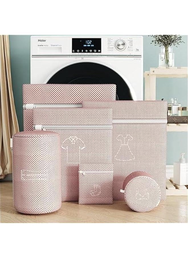 MIXDE - Mesh Laundry Bags,Double Layer Thickened Laundry Net Fabric Durable, Travel Organization Bag for Lingerie,Clothes,Jeans,Bath Towel,Sock,Set of 6,Pink (34-3) - Image 1