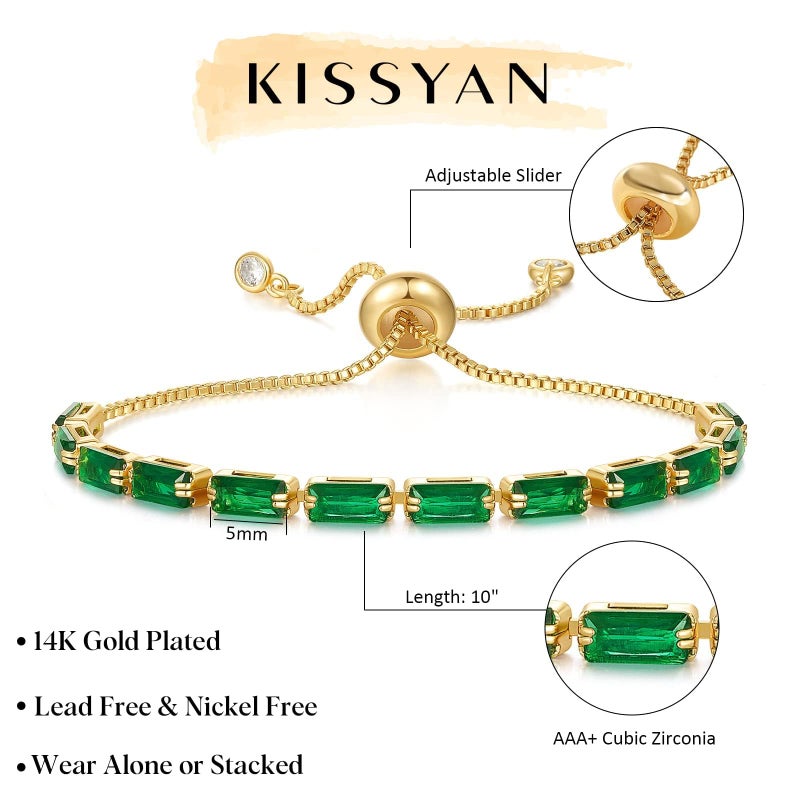 KissYan Tennis Bracelet for Women, 14K Gold Plated Cubic Zirconia Adjustable Slider Bracelets Classic Trendy Jewelry Gift(Green) - Image 5