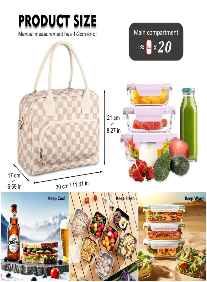 FITDON Insulated Lunch Bag for Women Men, Corduroy Cooler Bag Lunch Box Container Large Lunch Tote Bag for Work School Picnic Travel, Light Checkerboard - Image 5