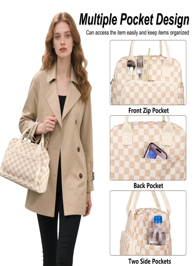 FITDON Insulated Lunch Bag for Women Men, Corduroy Cooler Bag Lunch Box Container Large Lunch Tote Bag for Work School Picnic Travel, Light Checkerboard - Image 4